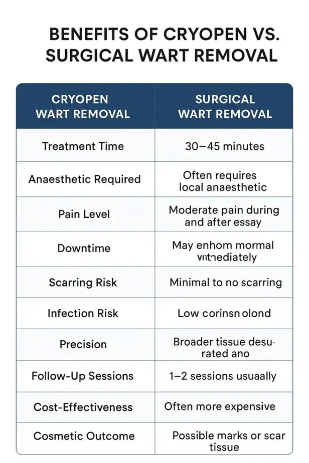 Table showing the benefits of cryopen to remove warts Cockfosters compared to surgical treatment